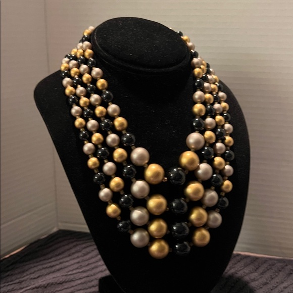 Elegant Gold Silver and Black Beaded 4 Strand Necklace - Picture 6 of 7